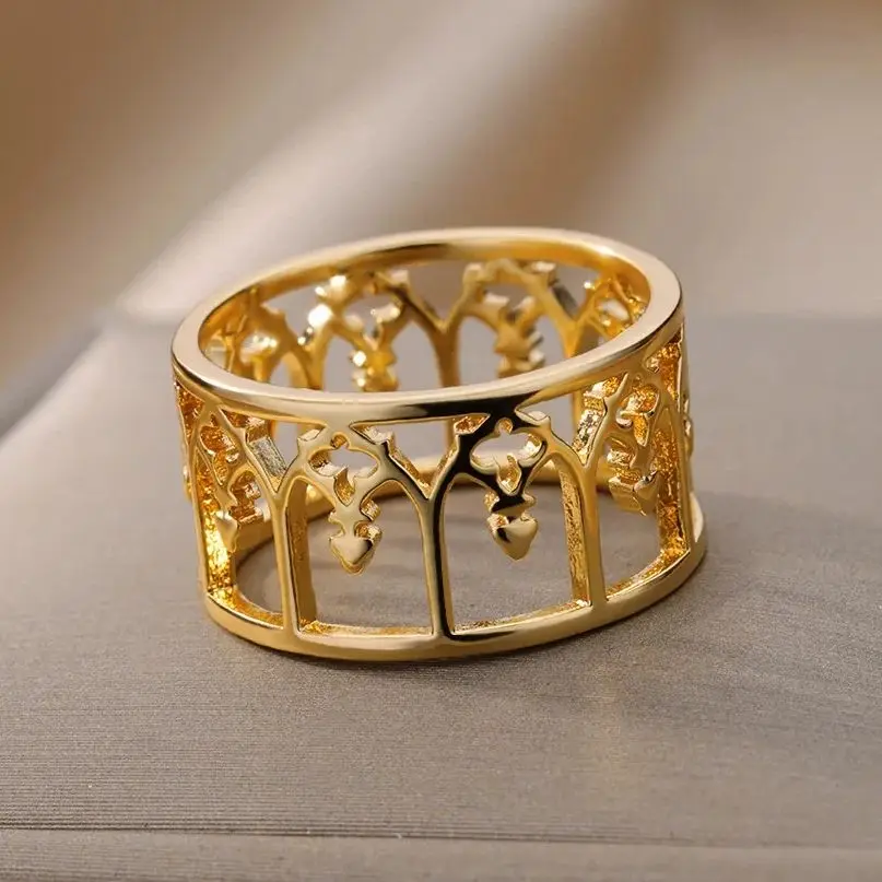 Retro Hollow Rings For Women Stainless Steel Gold Color Geometric Wide Finger Ring Wedding Jewelry Christmas Gift Free Shipping