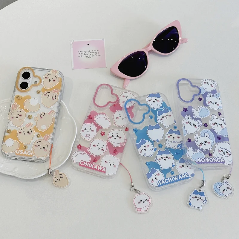 Cartoon Chiikawa Transparent Glitter Phone Case for iPhone 17 Pro Max 16 15 14 13 12 Hachiware Usagi Momonga Shockproof Funda