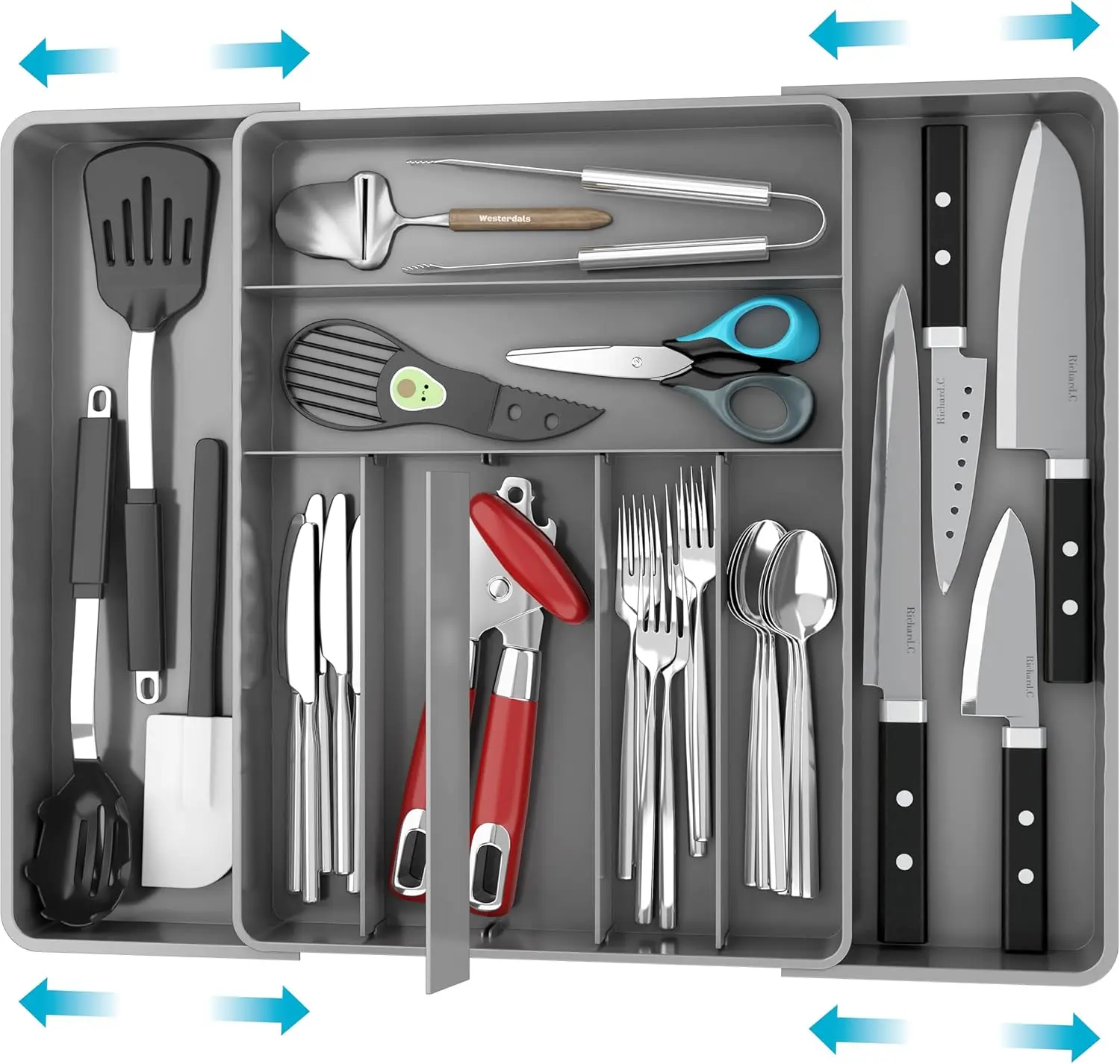 

Раздвижной органайзер для кухонного ящика с 9 отделениями для столовых приборов, регулируемый серый лоток для посуды