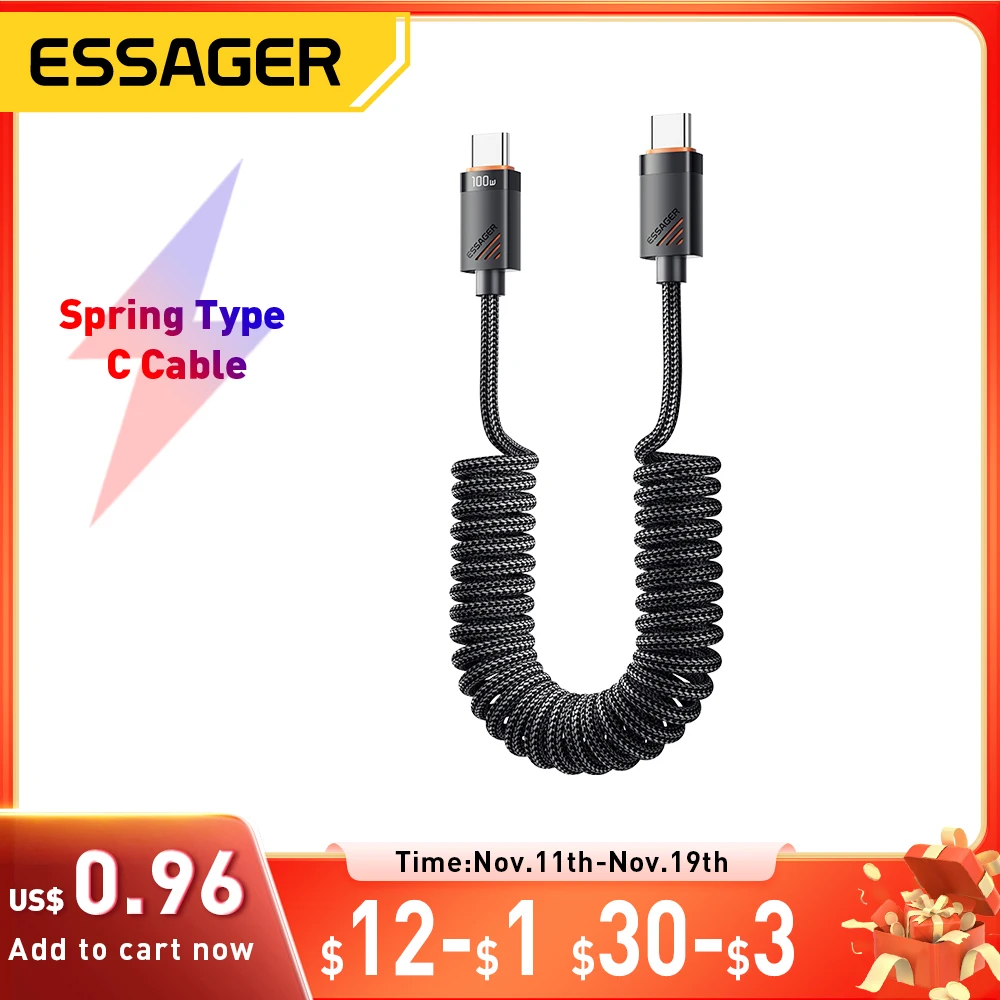 Essager Car Spring Type C Cable  For iPhone 16 15 Xiaomi Samsung 100W PD Fast Charging For Macbook iPad Type C to Type C Cable