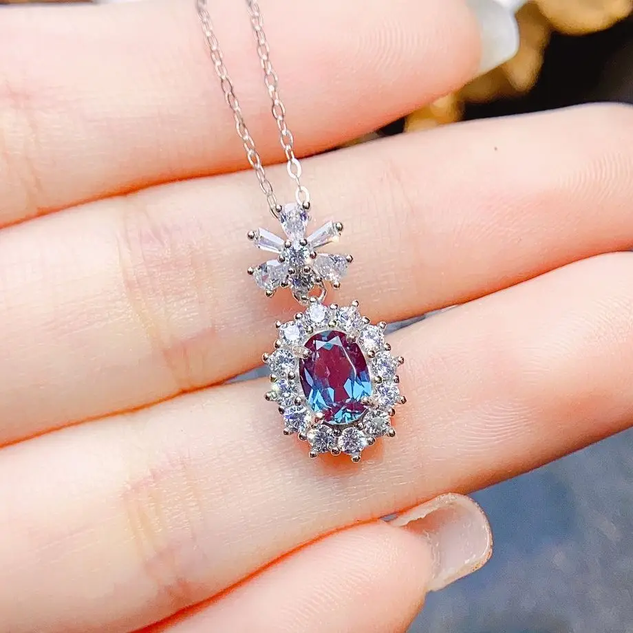 925 Sterling Silver Jewelry Alexandrite June Birthstone Pendant Color Changing Gemstone Pendant Alexandrite Necklace For Women