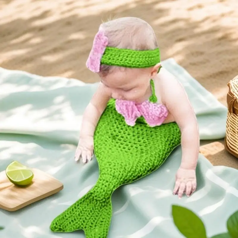 U13F الحياكة زي عذراء البحر لحديثي الولادة للراحة والسلامة في تصوير الطفل غطاء رأس قابل للتنفس مع زهرة الصدر