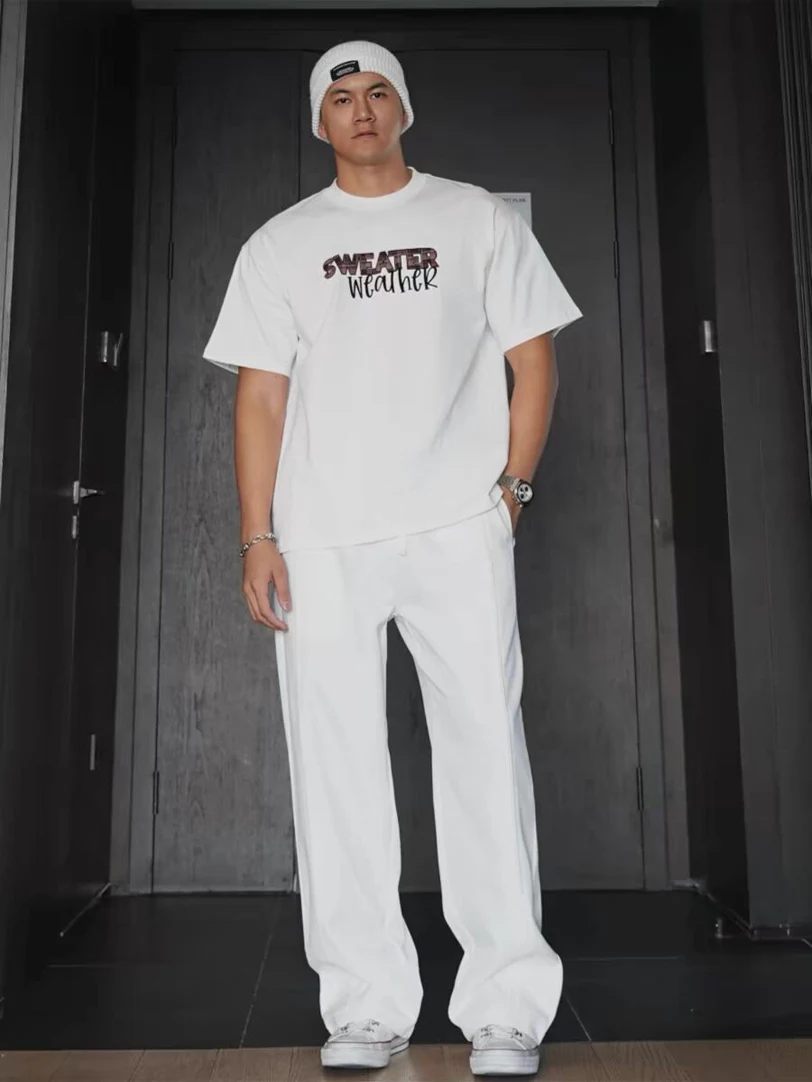 

Свободные прямые повседневные брюки в американском стиле High Street, мужская белая рабочая одежда, длинные брюки, повседневные брюки на эластичных пуговицах, брюки без я...