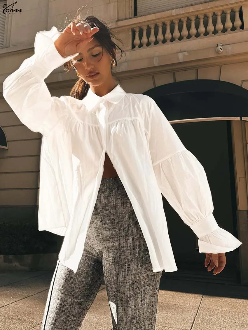 

Oymimi Elegant White Cotton Woman Blouses Autumn Turn-Down Collar Long Sleeve Blouses Fashion Single Breasted Solid Female Shirt