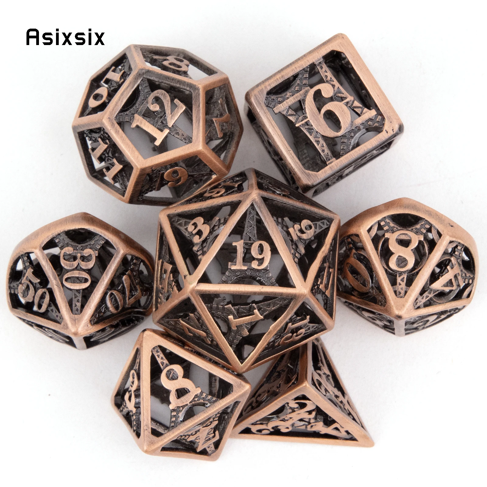 7 Pcs Copper Tower Metal Dice Hollow Metal Polyhedral Dice Set Suitable for Role-Playing RPG  Board Game Card Game