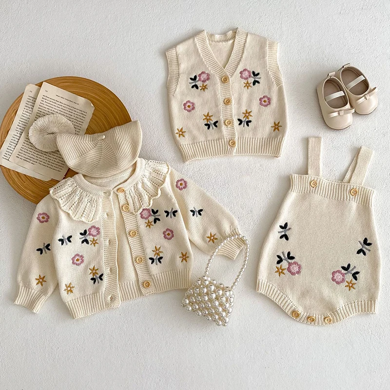 Autumn Winter Toddler Baby Girl Knitting Clothes Suit Floral Embroidery Cardigan+Jumpsuit Infant Baby Girls Knitted Clothing Set