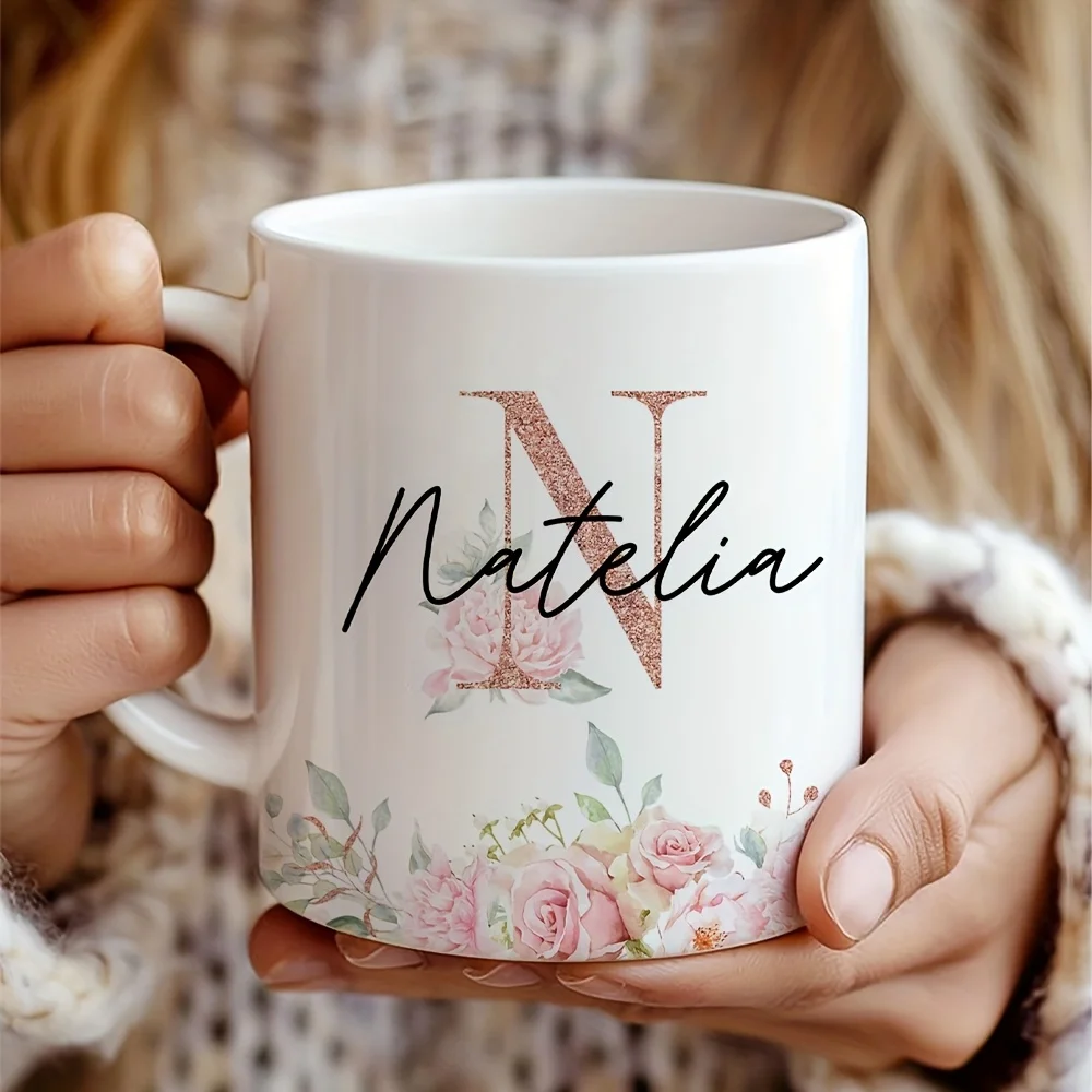 One Personalized Ceramic Mug Featuring Floral Letters Perfect for Trendy Wedding Themes Ideal as a Gift for Bridesmaids