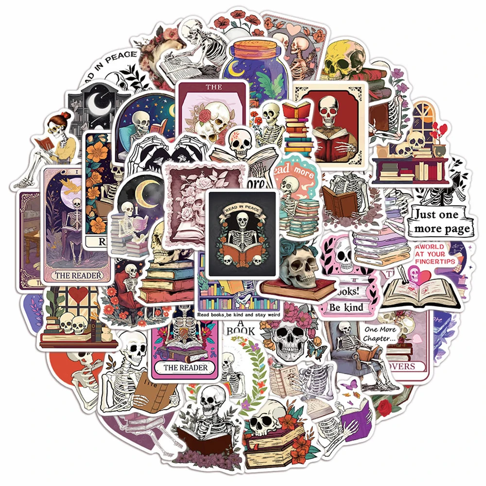 10/30/50pcs Creative Cartoon Bookish Stickers Funny Skull Reading Graffiti Decal for Motorcycle Luggage Helmet PVC Sticker Decor
