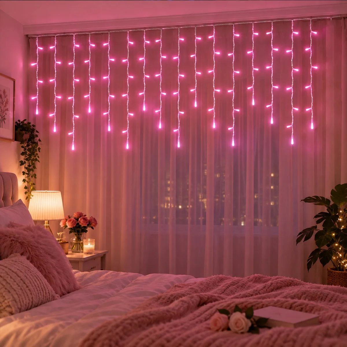 1pc Christmas 96 LED Icicle Lights Curtain String Lights USB Powered for Bedroom Window Indoor Outdoor Party Holiday Decoration