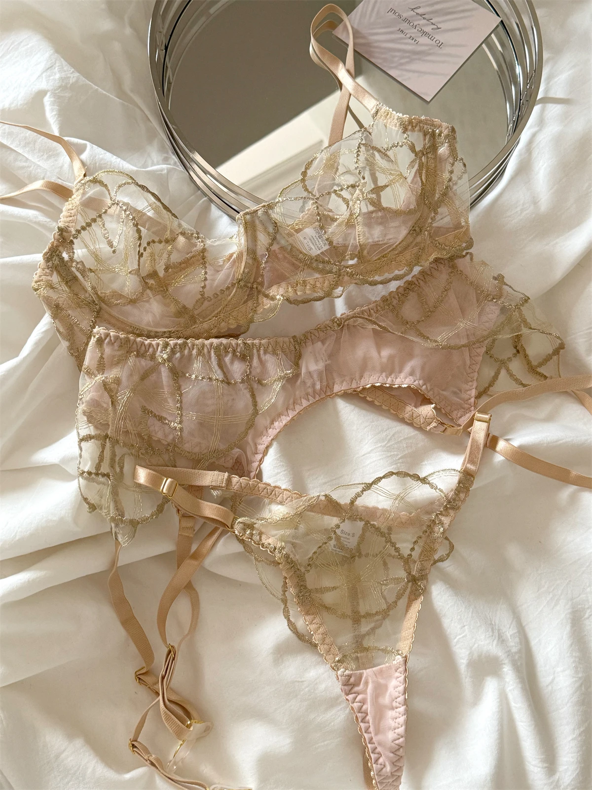 Champagne color three-piece lingerie briefs set women lace thin large breasts embroidered lace gathered lingerie set