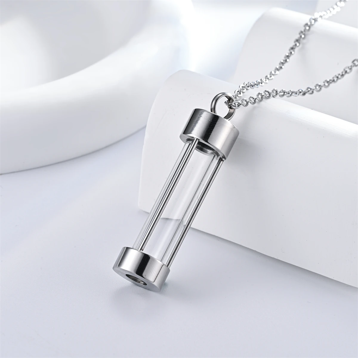 Fashion Glass Cremation Jewelry Urn Necklace for Ashes Stainless Steel Perfume Vial Openable Pendant with Filling Set