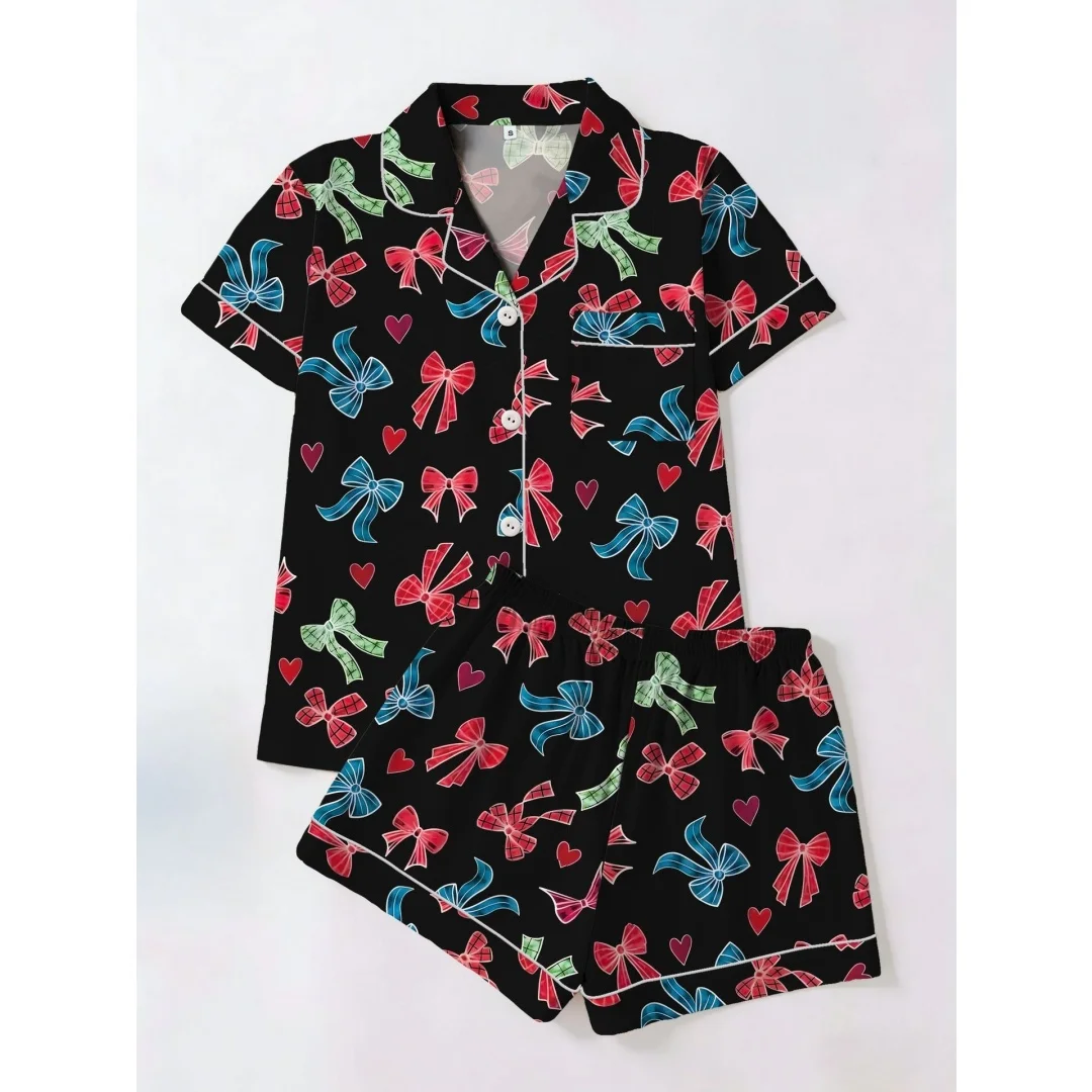 

Cute Women's Pajamas Set Bows Printed Loungewear Home Wear Set 2pcs with Lapels Short Sleeves and Shorts Pants Summer Gifts
