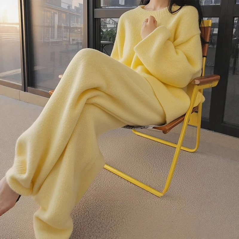 2025 Otoño Invierno nueva señora traje acogedor suéter de punto pantalones conjuntos 2 piezas mujeres elegante suéter de cuello alto pantalones de pierna ancha