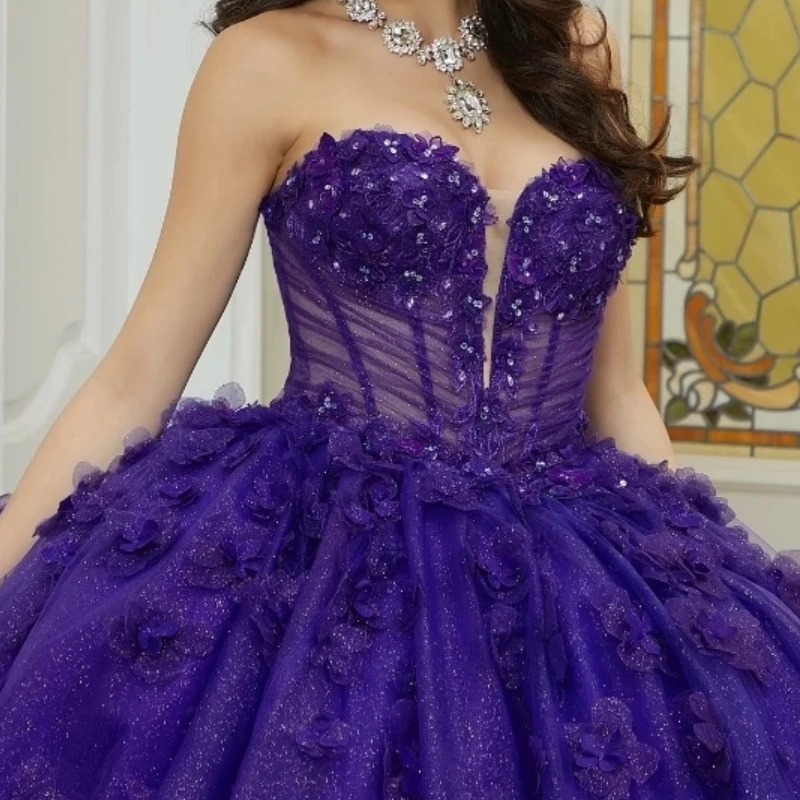 Gorgeous Luxury Purple Women Prom Dresses Long Sleeve Flower Beads Illusion Ball Gown Dancing Party Dress Sweet 15 Quinceanera