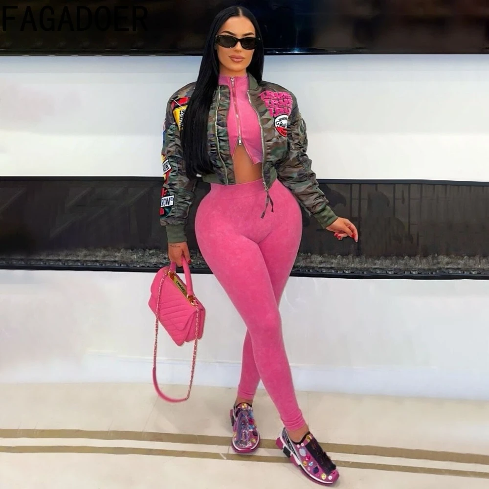 FAGADOER Pilot Jacket Casual Pink Letter Print Outerwear Autumn Winter Fashion Long Sleeve V-Neck Crop Coat Commute Style Women