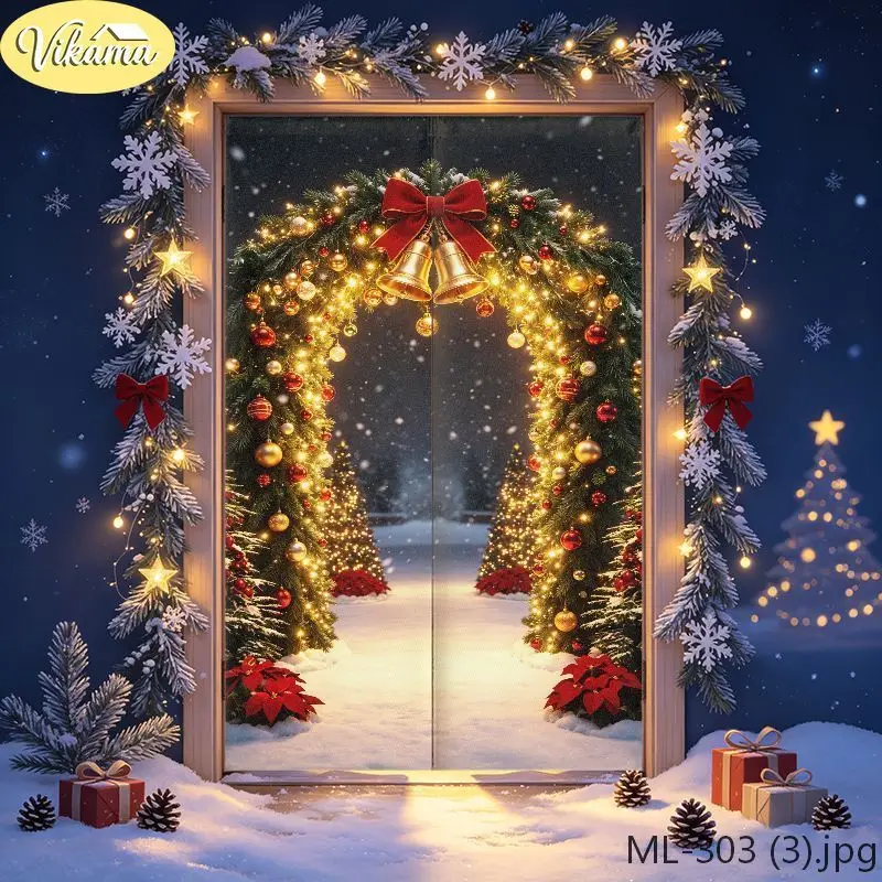VIKAMA Christmas Door Curtain Christmas Archway Lights Red Bow Snow Door Hanging Home Winter Holiday Decor