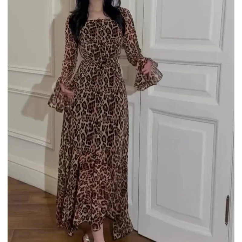 

2026 Spring New Chiffon Leopard Print Lotus Leaf Sleeve Temperament Long Splicing Irregular Dress