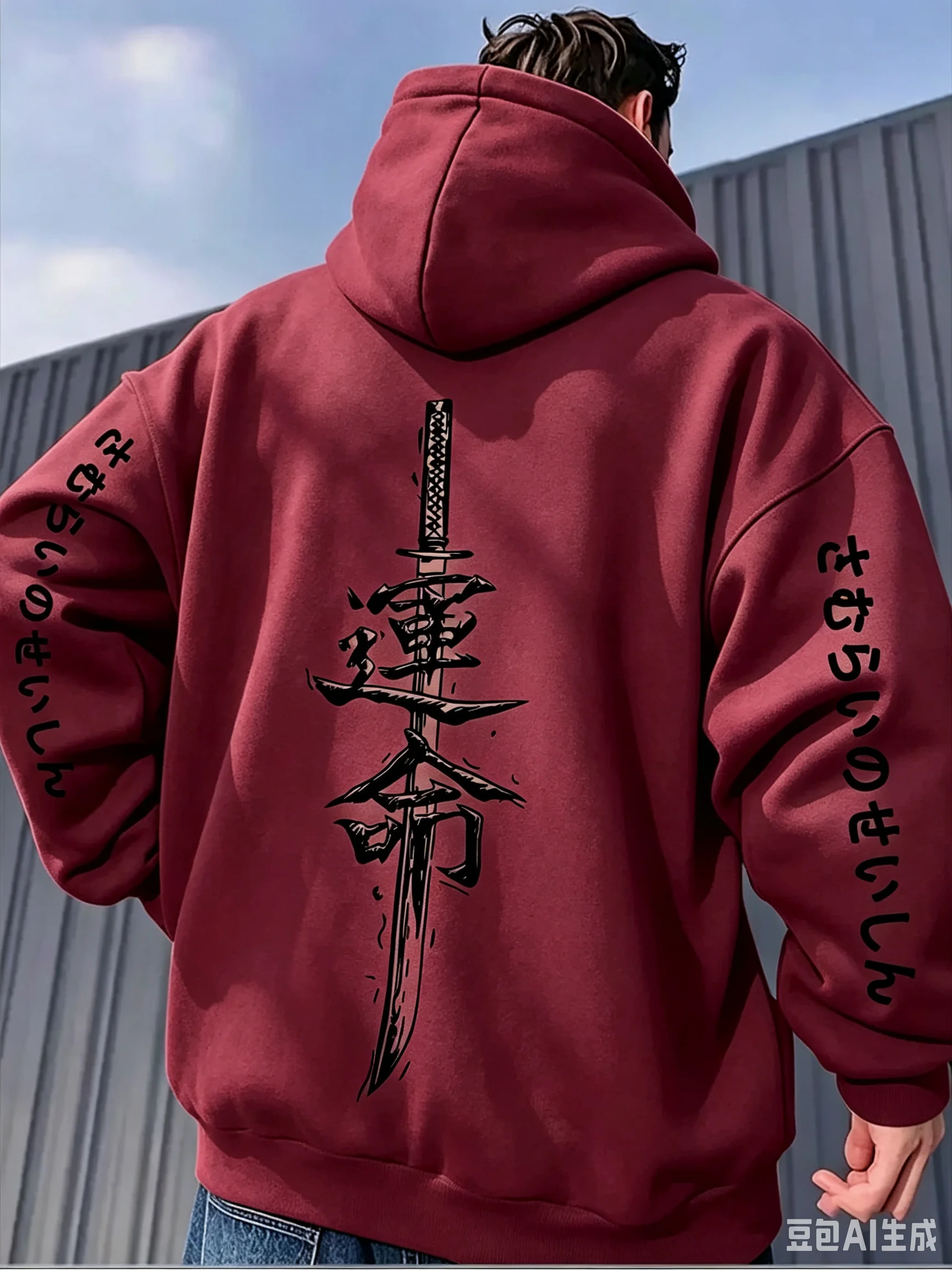 Winter and Autumn Style Cool Samurai Sword Fate Calligraphy Back Print Street Fashion Casual Fashionable Men's Hooded Sweatshirt