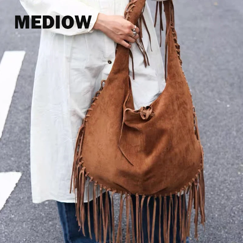 

MEDIOW Bohemian Faux Suede Half Moon Bags For Women Luxury Designer Handbag And Purses 2024 New In Tassel Slim Underarm Shoulder