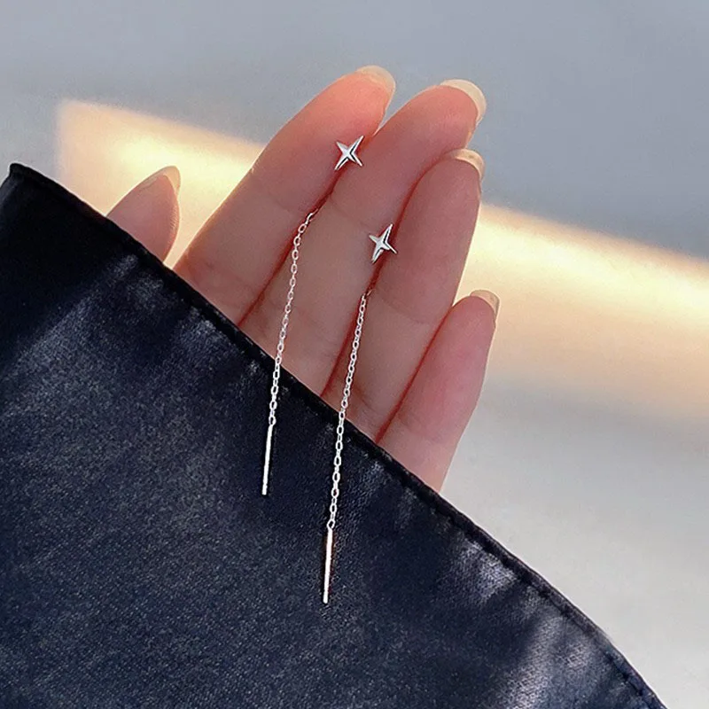 Trend Tassel Drop Earrings Long Chain Piercing Straight Hanging Earrings Silver Color Needle Star Line Earring for Women Jewelry