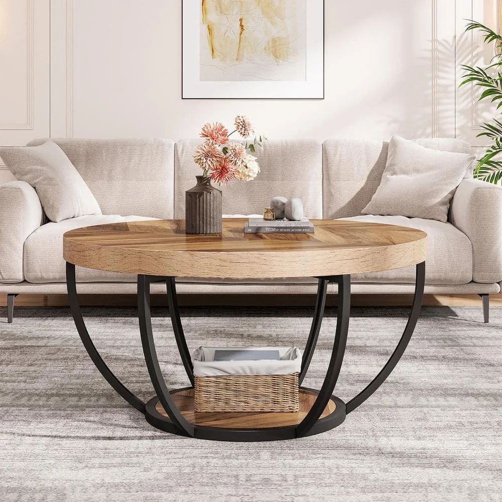 31.7 بوصة. طاولة قهوة خشبية مستديرة باللون البني الفاتح مع رف تخزين، طاولة مركزية صناعية لغرفة المعيشة #2