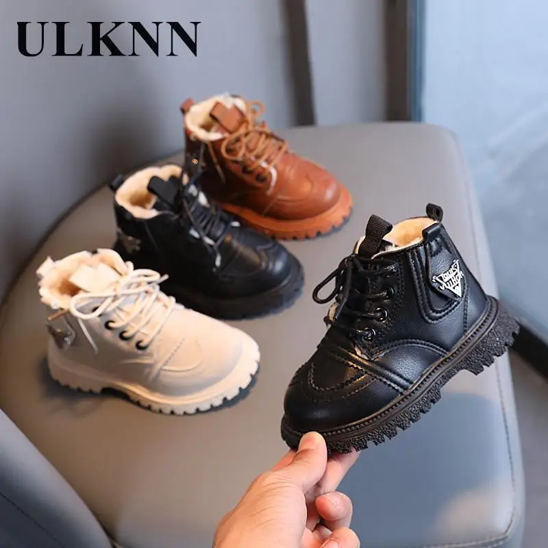 Children Add Wool Warm Winter Shoes 2023 Baby Fashion Big Baby Cotton Boots Girl Short Boots Boys Soft Bottom Black Boots