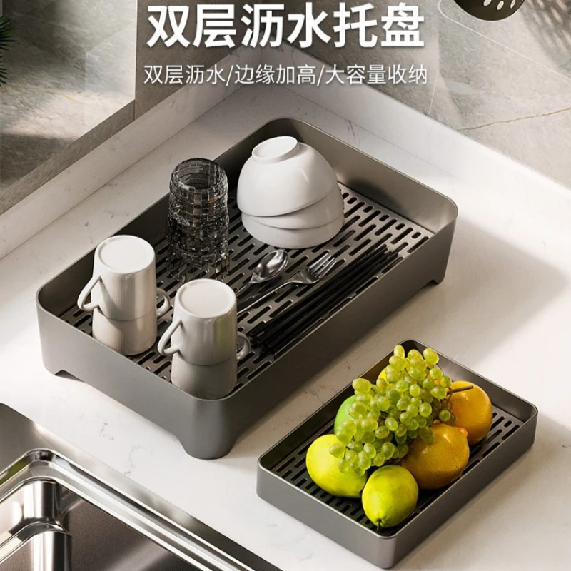 Plastic Household Tea Tray Modern Small Kungfu Tea Table, Double Layer Drain Tray for Teaware Water Cups Dry Brewing