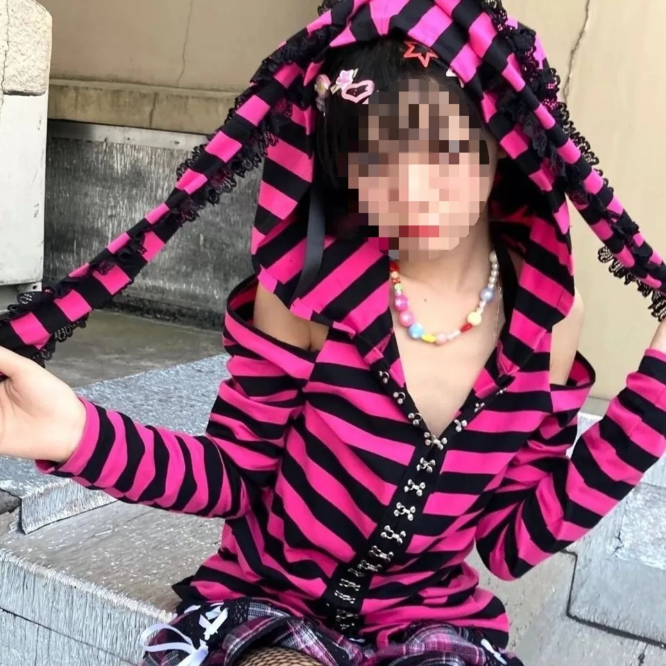 

Spring Sweatshirts with Hooded Harajuku Punk Long Sleeve Pink Striped Shirt Off Shoulder Extra Long Rabbit Ears Woman Hoodie