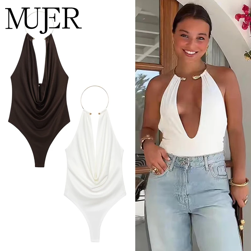 MUJER Sexy Women's Bodysuit White Ring Halter Bodys for Women Ruched Backless Top Woman off Shoulder Bodysuits Women One Pieces