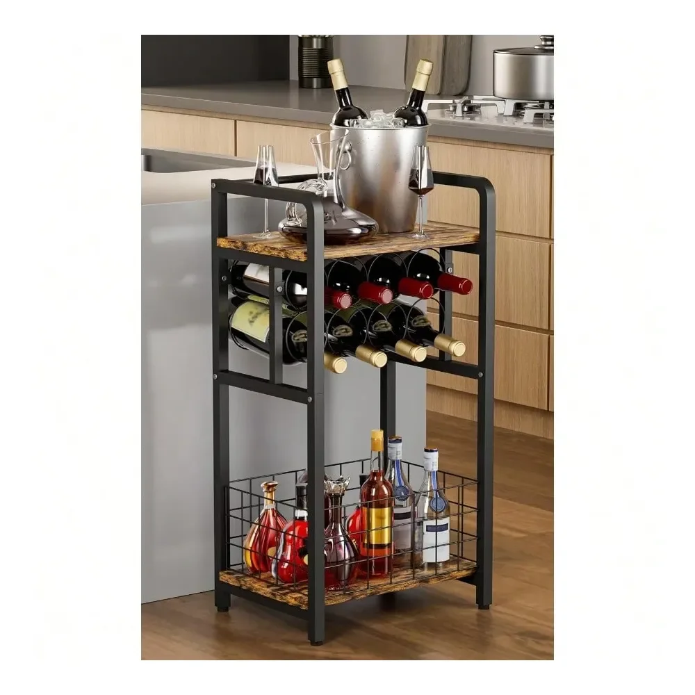 

3Tier Wine Rack Freestanding Floor With Wood Top Liquor Stand With Wine Bottle Holder Corner Wine Bar Table For Small Ace Metal