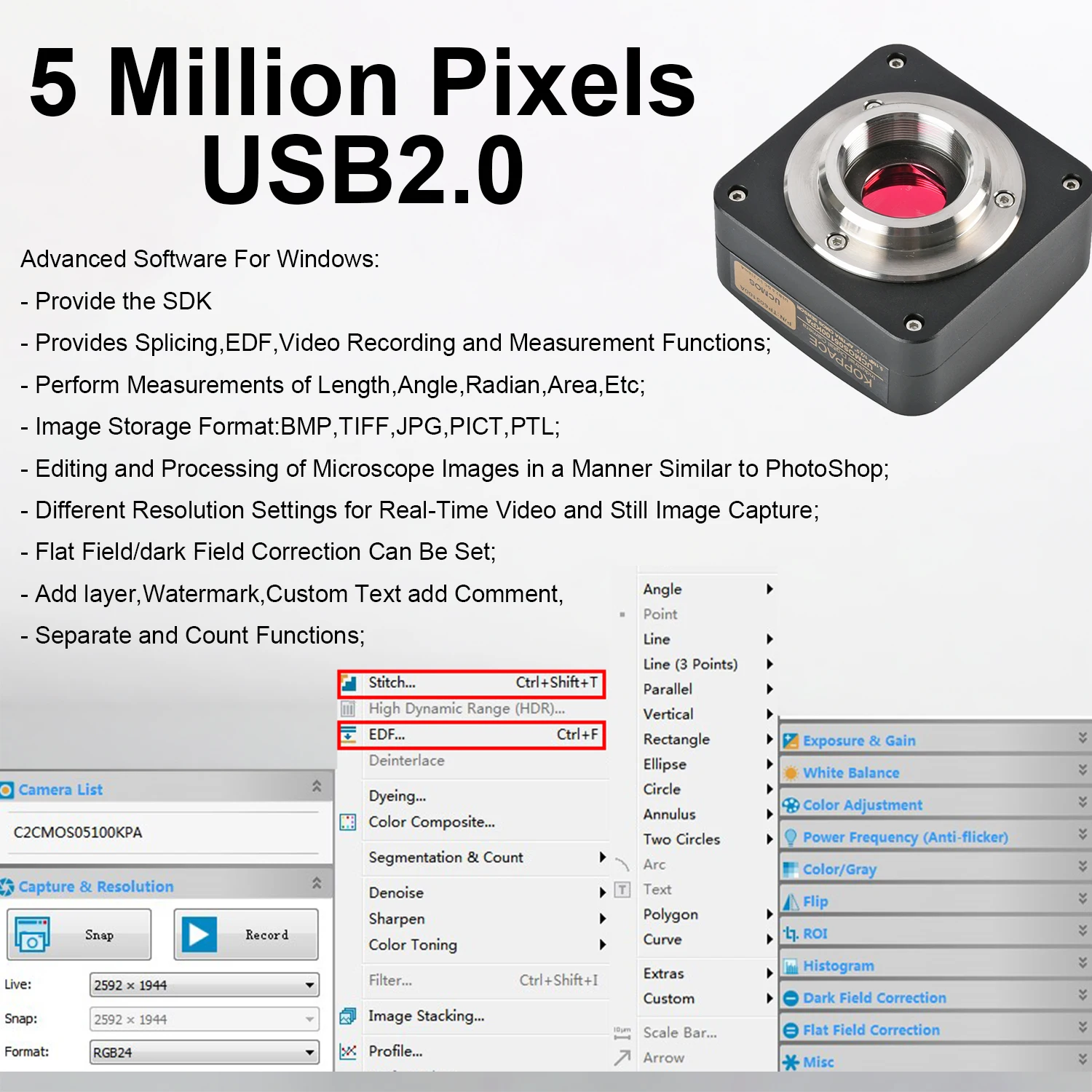 KOPPACE 5 MP Industrial Microscope USB2.0 Camera Provide Image Measurement Software Support Image and Video