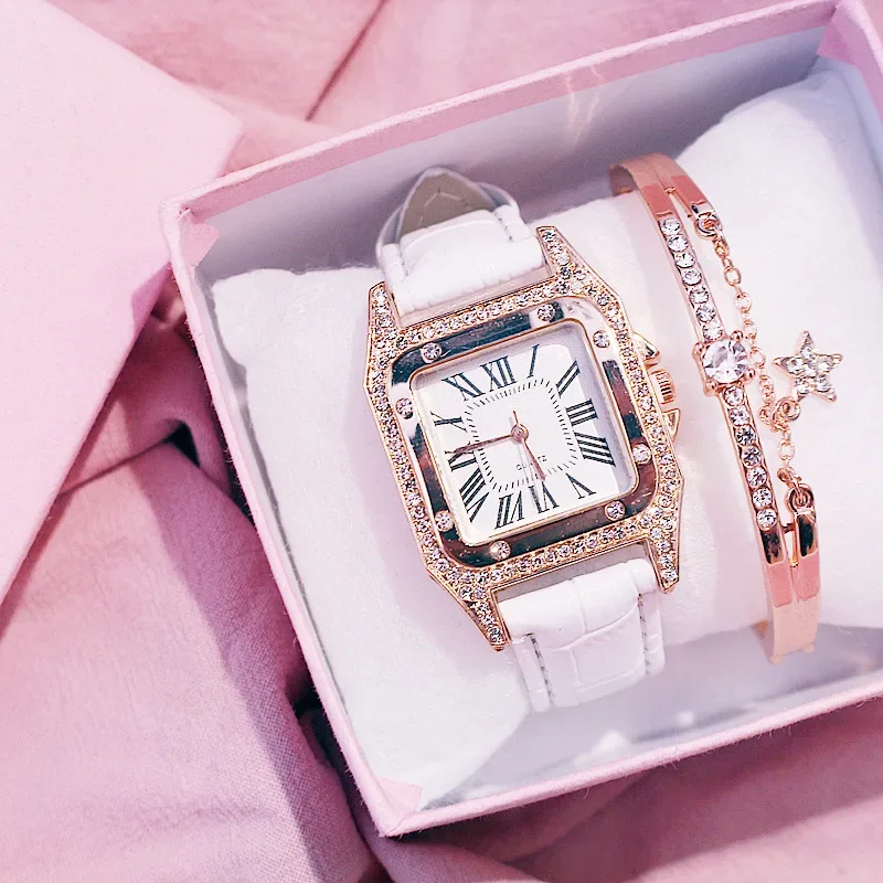 New Women Watches Diamond Lady Bracelet Watch Fashion Leather Band Quartz Wristwatch Clock Montre Femme Relogio Feminino