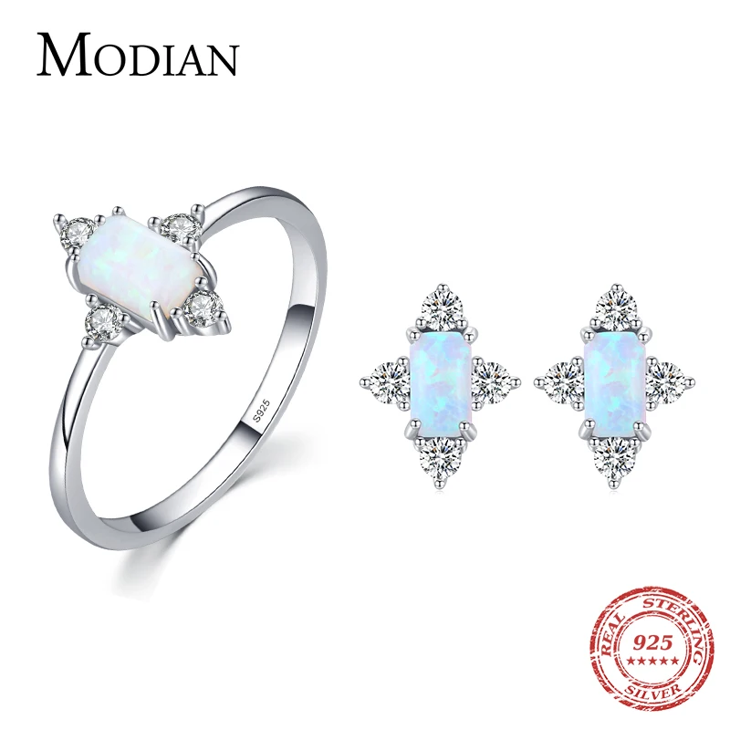 

MODIAN Authentic 925 Sterling Silver Geometric Rectangle Natural Opal Jewelry Sets Rings Earrings For Women Wedding Jewelry