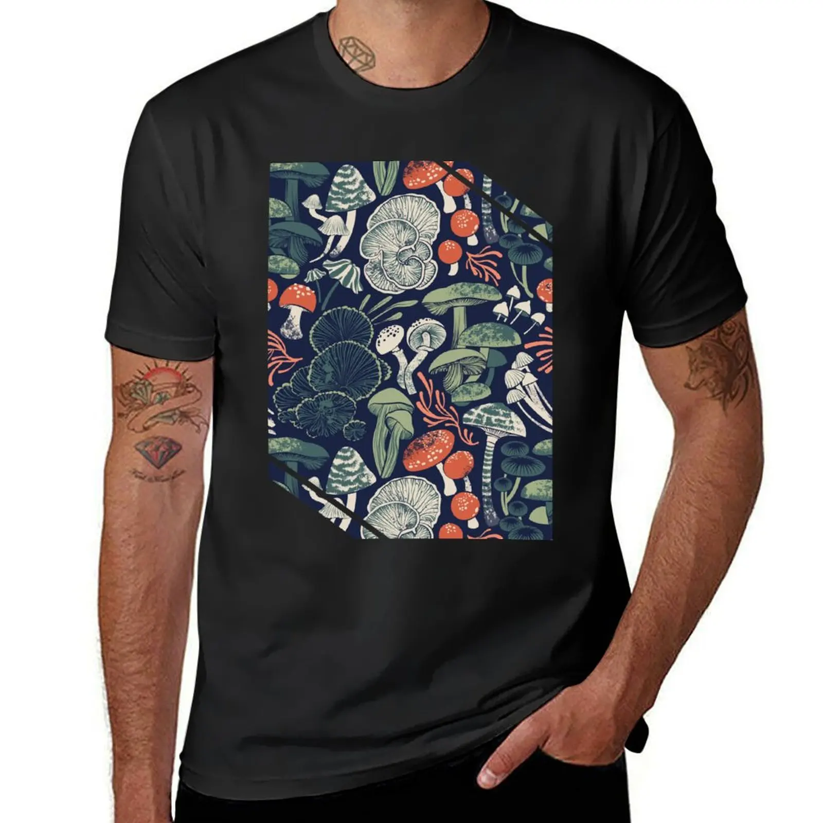 Mystical fungi // midnight blue background sage and forest green orange wild mushrooms T-Shirt