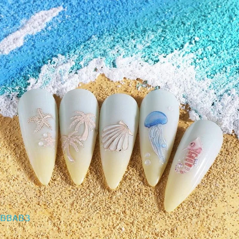 【B】pegatinas de uñas de playa de verano de medusas, concha colorida, estrella de mar, Concha, pescado, deslizadores adhesivos, calcomanías en relieve, decoración de láminas para manicura