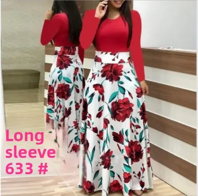 Autunno Faion Stampa floreale Lunga Sve Dr Color Blo Maxi Gonna Abbigliamento donna Cotone lavorato a maglia a vita alta rotondo Ne