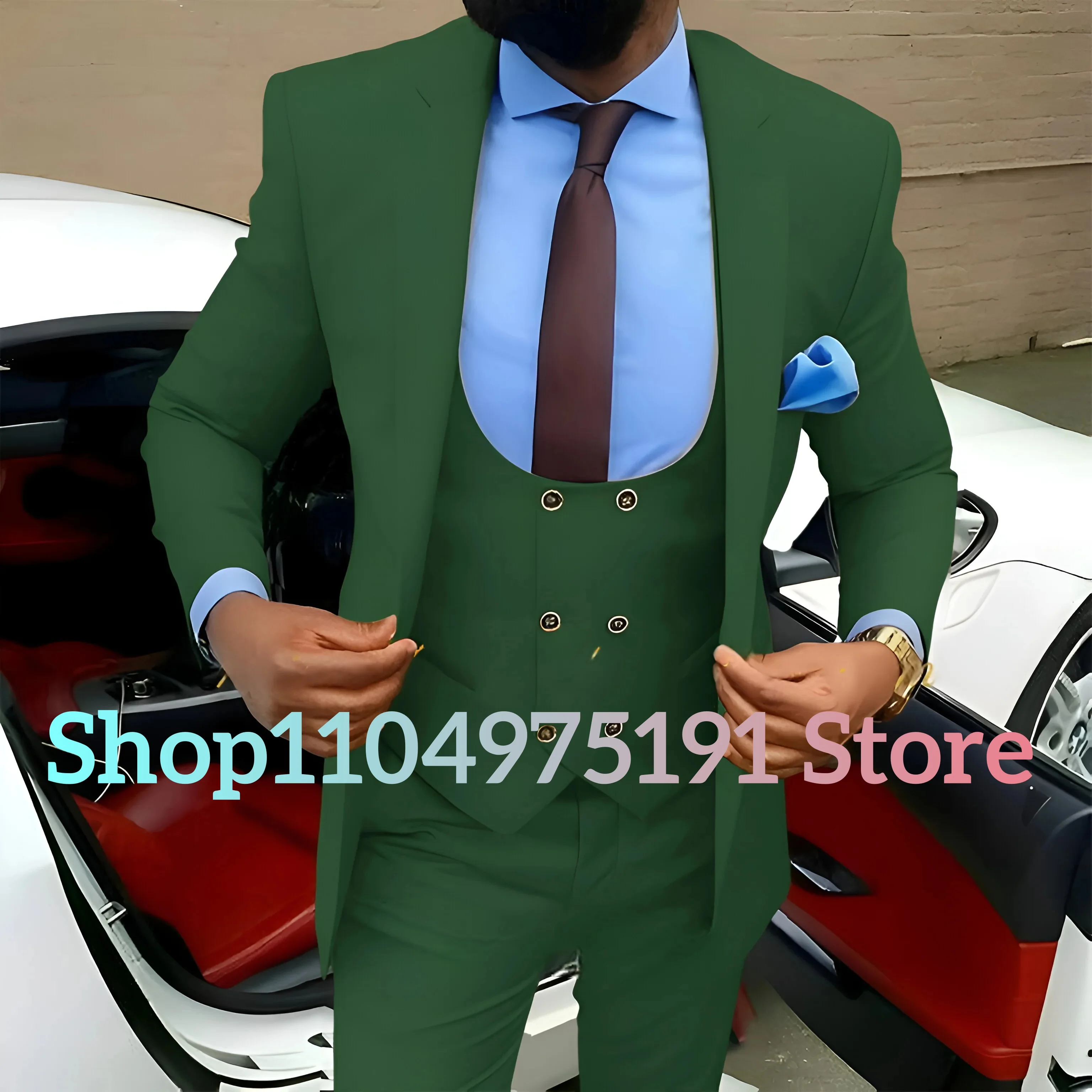Traje de 3 piezas para hombre, chaqueta marrón dorada, chaleco, pantalones, conjunto ajustado, ropa Formal elegante para fiesta