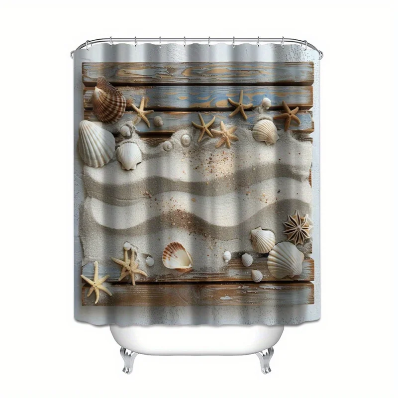 Starfish & Shell 3D Printed Shower Curtain Set - Waterproof, No-Drill Installation with Hooks Included, Machine Washable Polyest