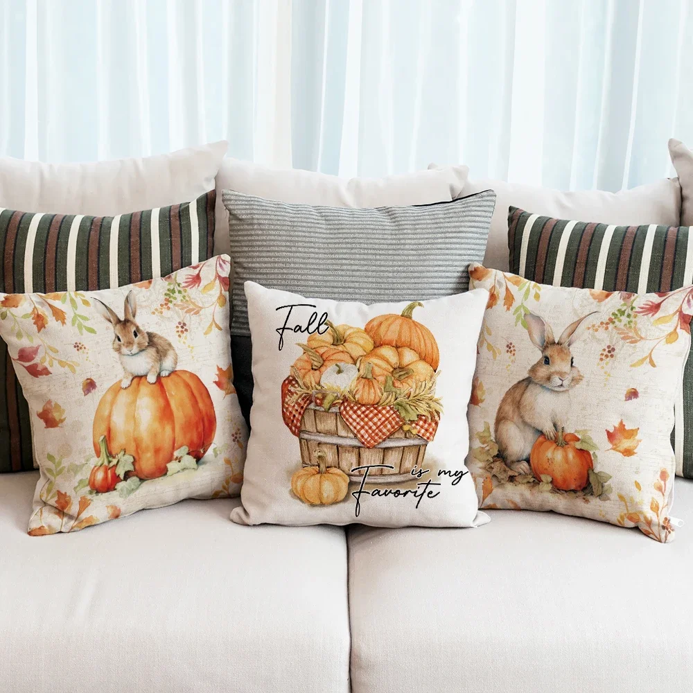 Happy Fall Pillowcover Fall Pumpkin Bunny Orange Design Cushion Cover Thanksgiving Party Autumn Decor Room Home Decor