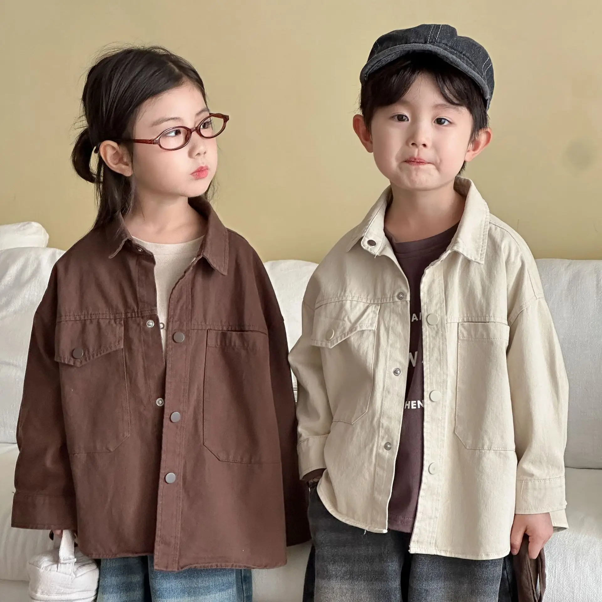 

2025 Autumn New Children Long Sleeve Coat Cotton Boys Solid Cargo Jacket Fashion Girls Casual Cardigan Baby Shirts Kids Clothes