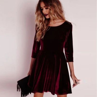 Fashion Women Velvet Dress  Spring Ladies Party Mini Dress Vestidos Women Velour Dress Long Sleeve Slim Tops Red