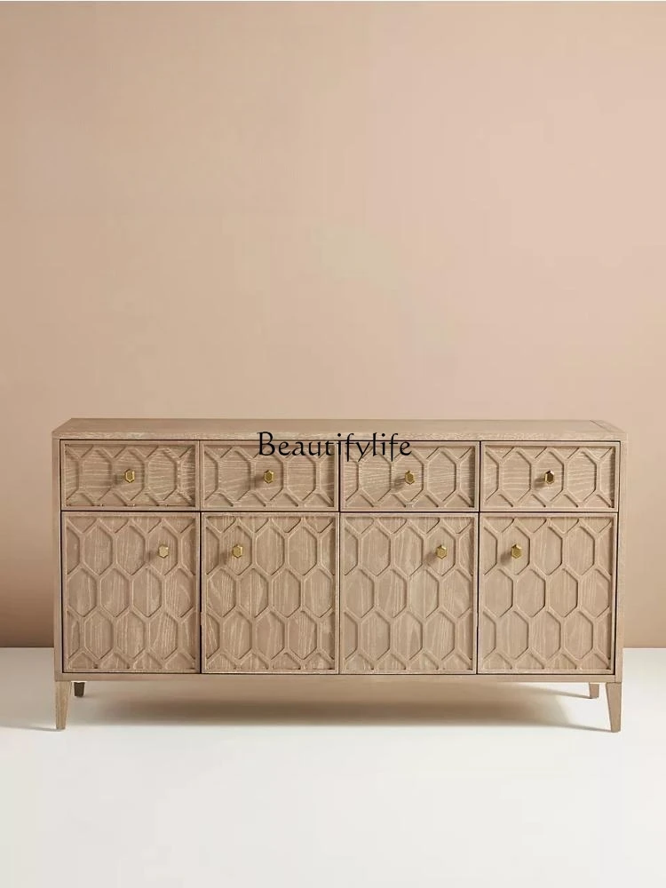 

jj *American rural solid wood retro dining side cabinet Nordic light luxury double pairs of doors Simple entrance cabinet Villa