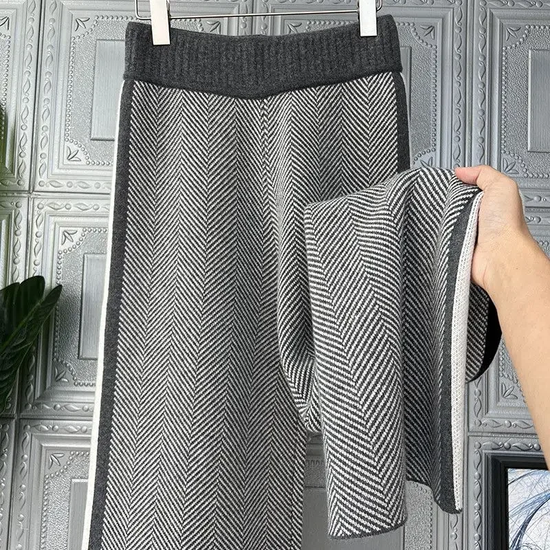 

Wide Leg Pants Women Autumn and Winter High Waist Loose Striped Knitted Tweed Casual Straight Drag Pants Outer Wear Korean New