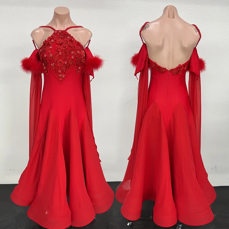 ผู้หญิงสีแดงชุดเต้นรำบอลรูมมาตรฐานการแข่งขันเสื้อผ้าวอลซ์ชุดยาวแทงโก้เต้นรำสมัยใหม่เครื่องแต่งกาย AMY3138