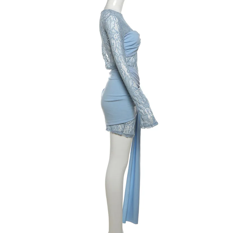 Falda plisada con lazo de encaje para mujer, de cuello redondo vestido de fiesta, vestido de noche de manga larga de cintura alta azul único, recién llegado, en Stock, otoño