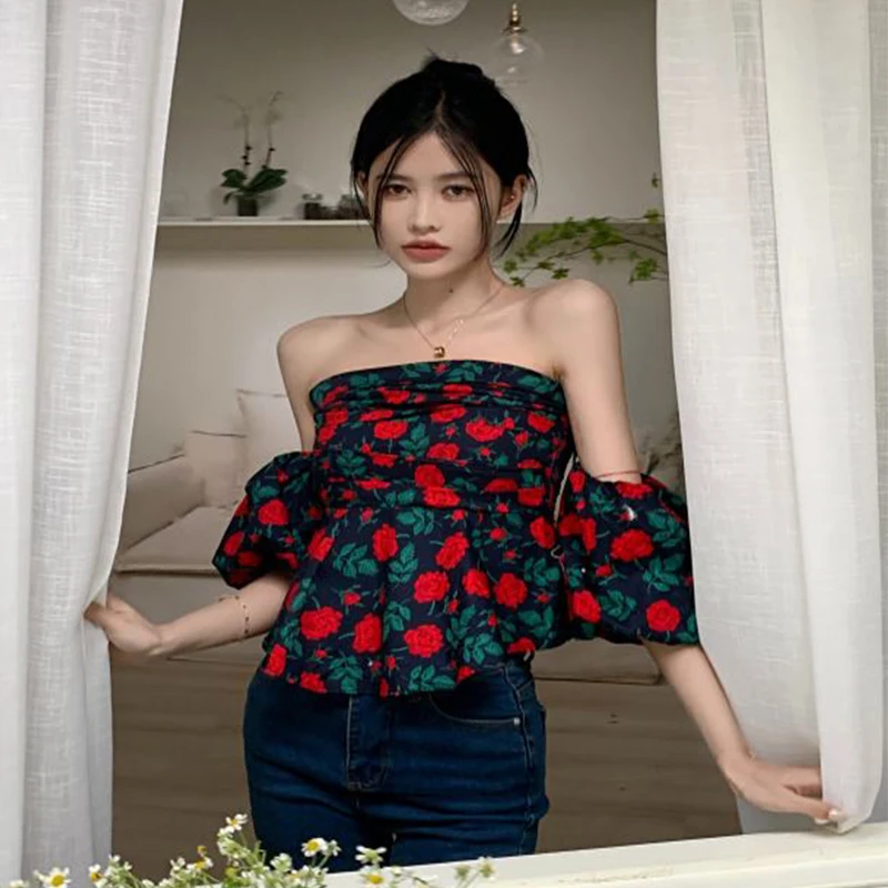 Blusas Mujer De Moda 2023 Sexy Off Shoulder Summer Chiffon Blouse Pullover Women Floral Loose See-though Ruffle Tops