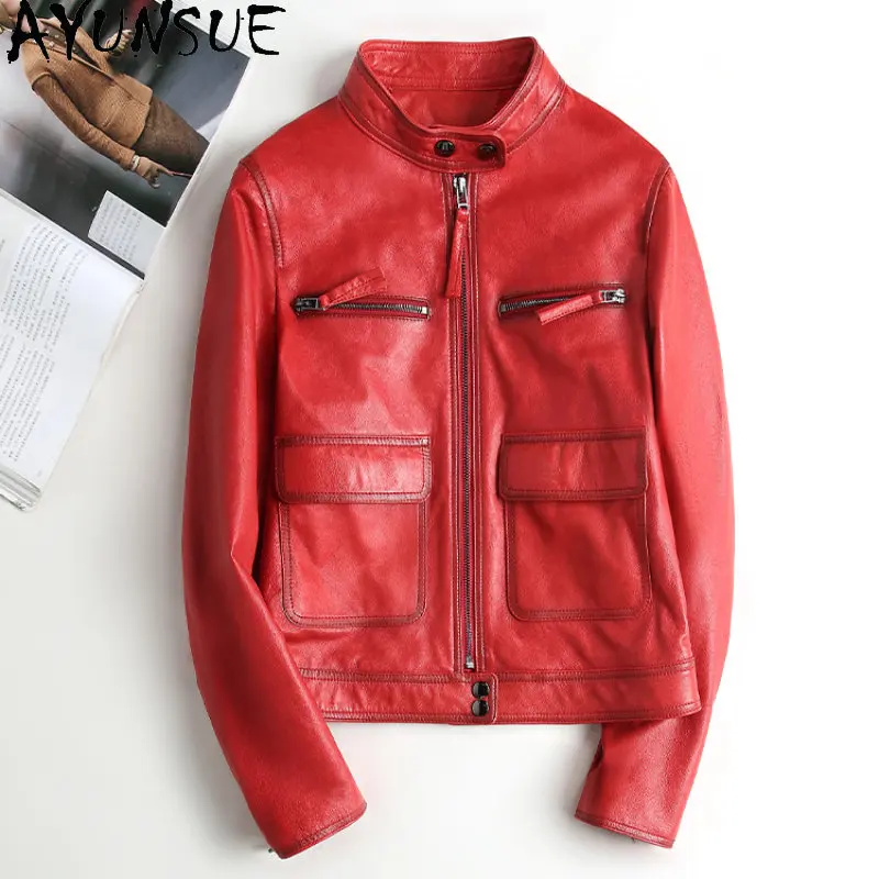 AYUNSUE Genuine Sheepskin Jacket Short Red Leather Jackets for Women Slim Biker Coat Real Leather Streetwear Jaqueta De Couro