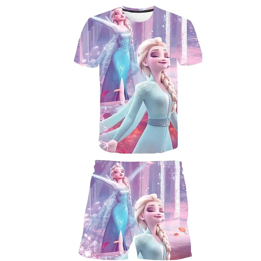 

Summer Children Tshirts Shorts Suits Elsa Anna Princess Print Fashion Girls Daily T Shirt Set Kids Disney Series Clothing Outfit