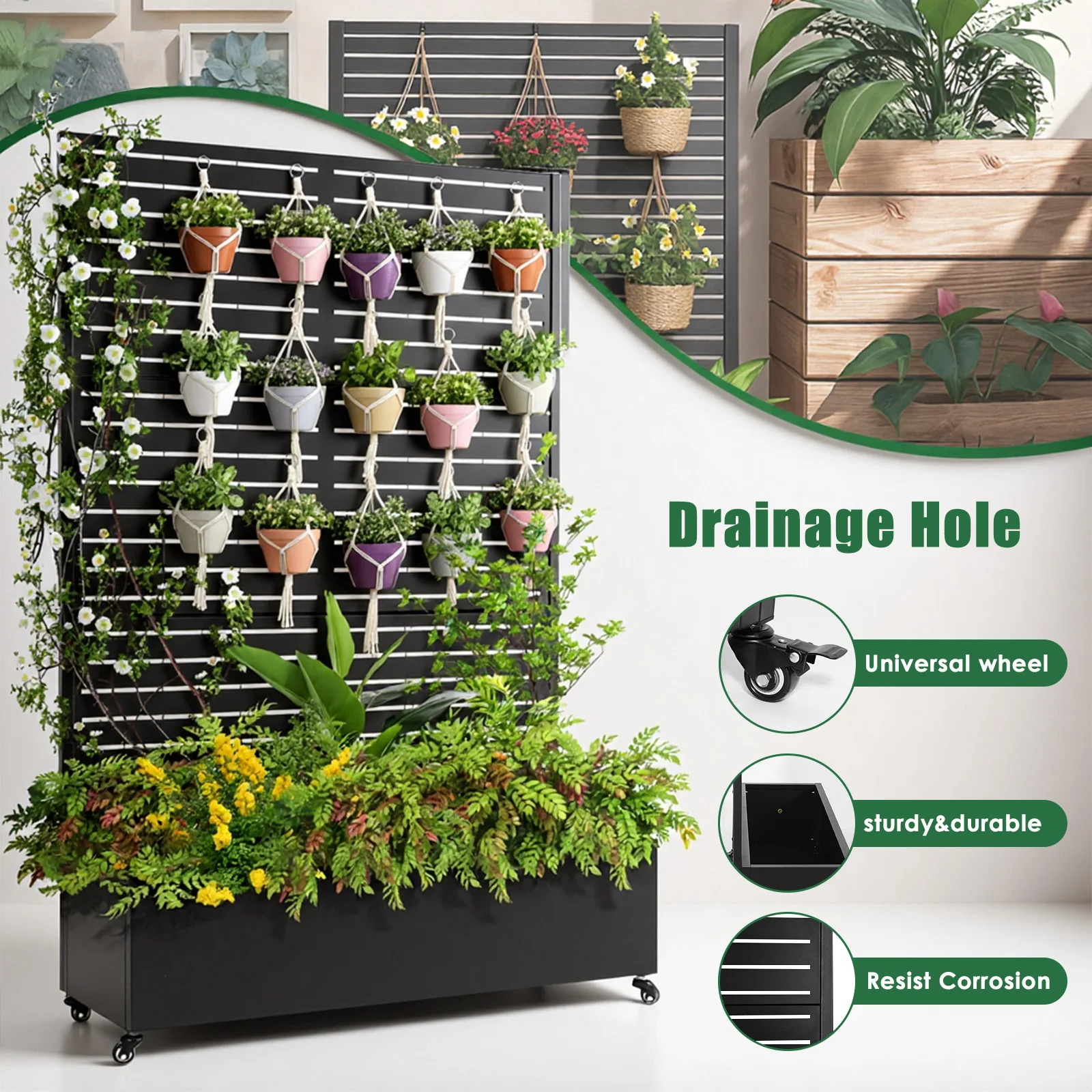 

70.87x47.24x15.75inch Raised Garden Bed Drainage Hole Privacy Screen Planter Box On Wheels for Patio Deck Balcony Climbing Vines