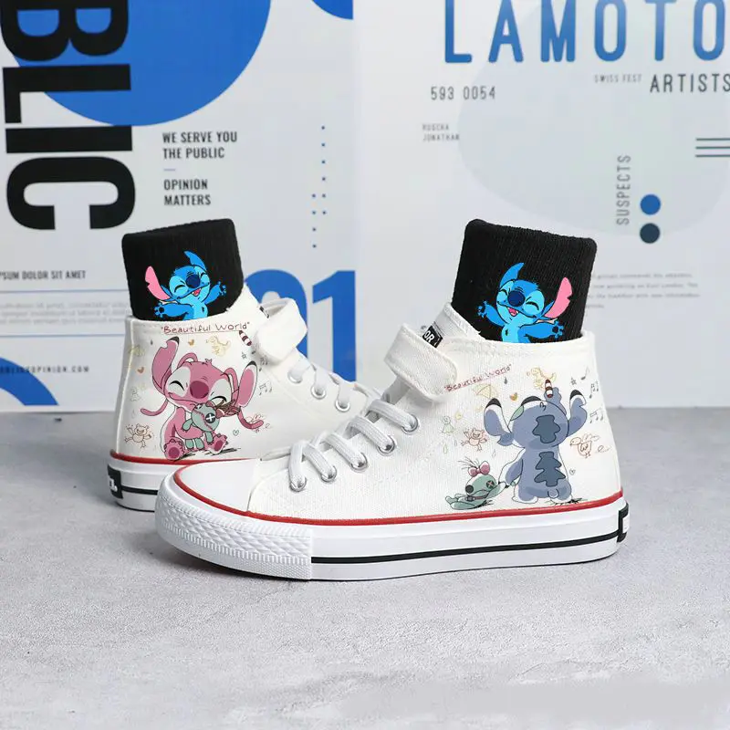 New Disney White Children Sneakers High Top Lilo & Stitch Kids Canvas Shoes Cartoon Girls Boys Casual Tennis Sending Socks